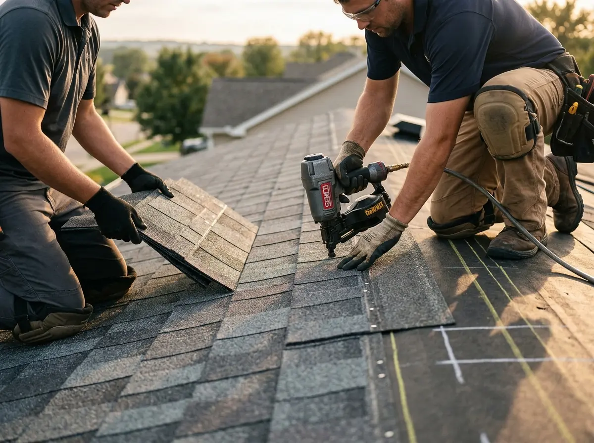 Professional roofer working on a residential roof in The Dalles